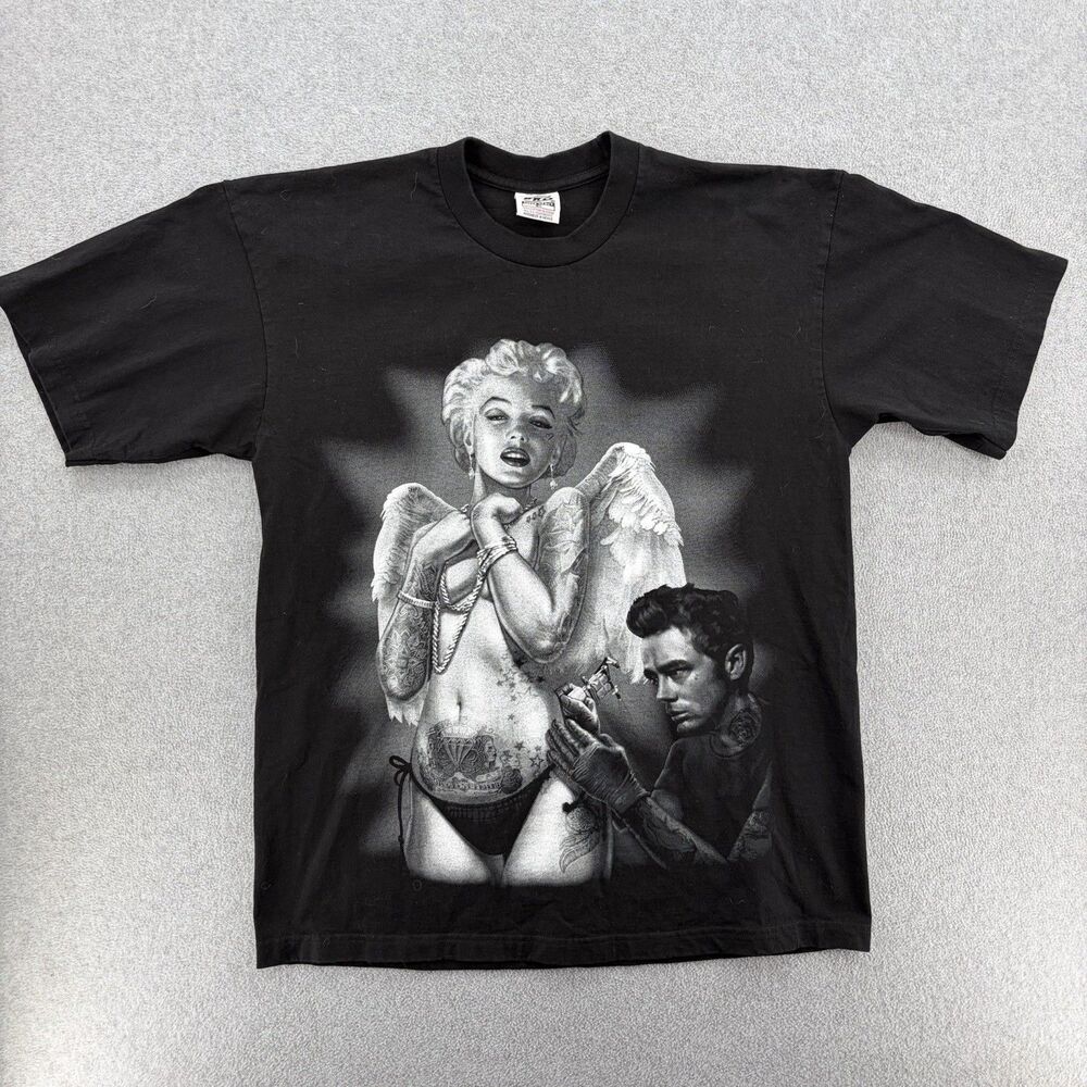 Vintage Marilyn Monroe James Dean Tattoo Graphic T Shirt XL Black Streetwear